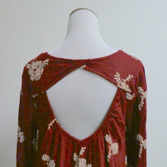 FREE PEOPLE red EMBROIDERED EMMA open back SWING long sleeve mini tunic DRESS M - Picture 5 of 7